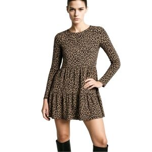 ZARA TRAFALUC Animal Print Long Sleeve Full Skirt Skater Dress